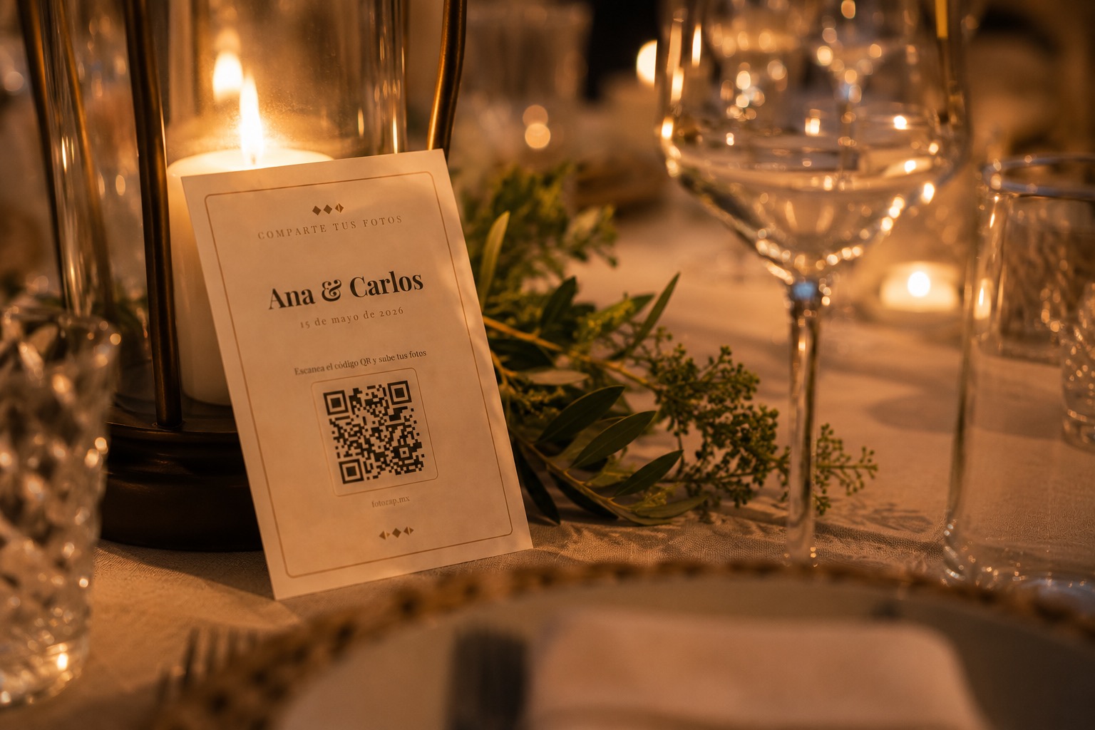 Tarjeta QR de boda Ana y Carlos en mesa con velas y copas de cristal